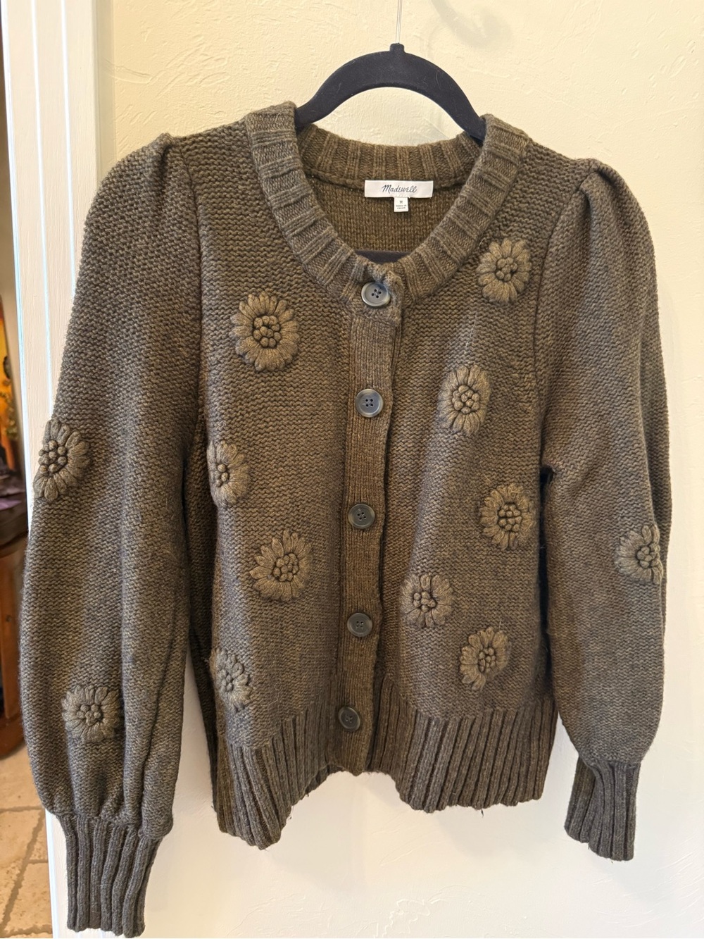 Madewell Olive Floral Appliqué Button Cardigan